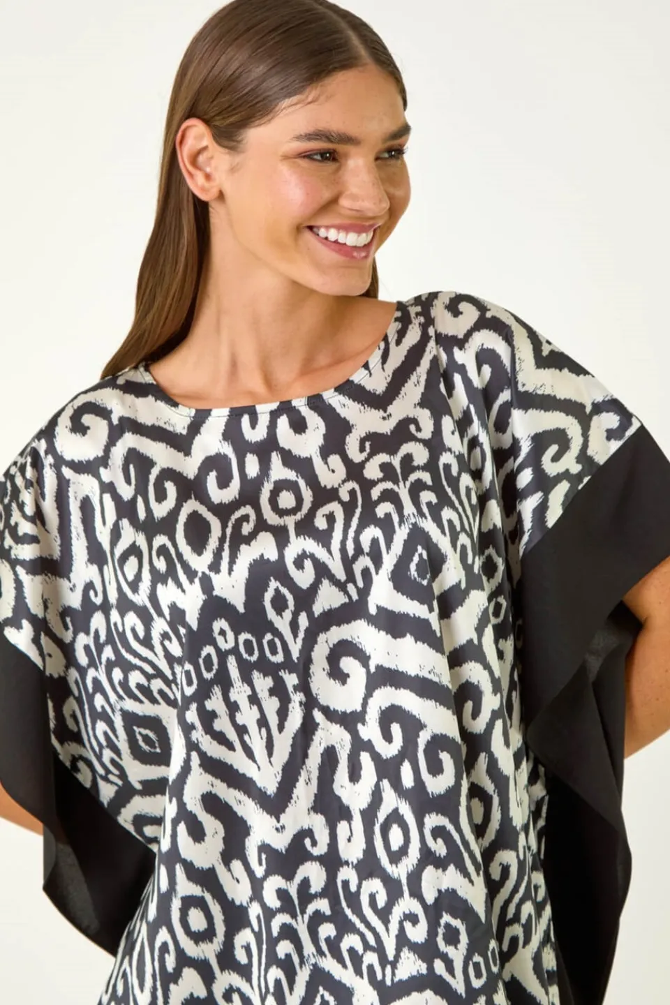 Tops>Roman Black Mono Printed Tunic Top