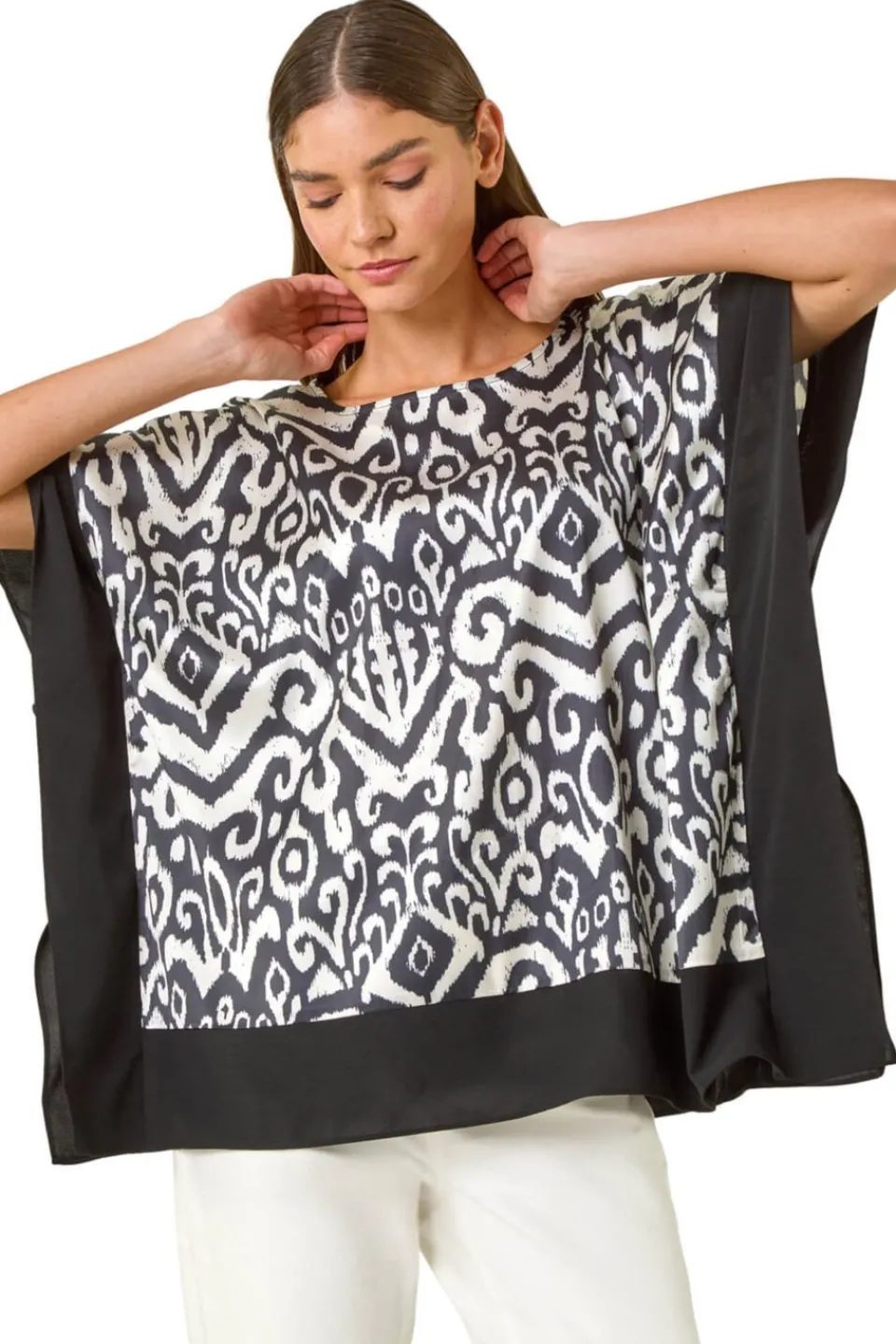 Tops>Roman Black Mono Printed Tunic Top