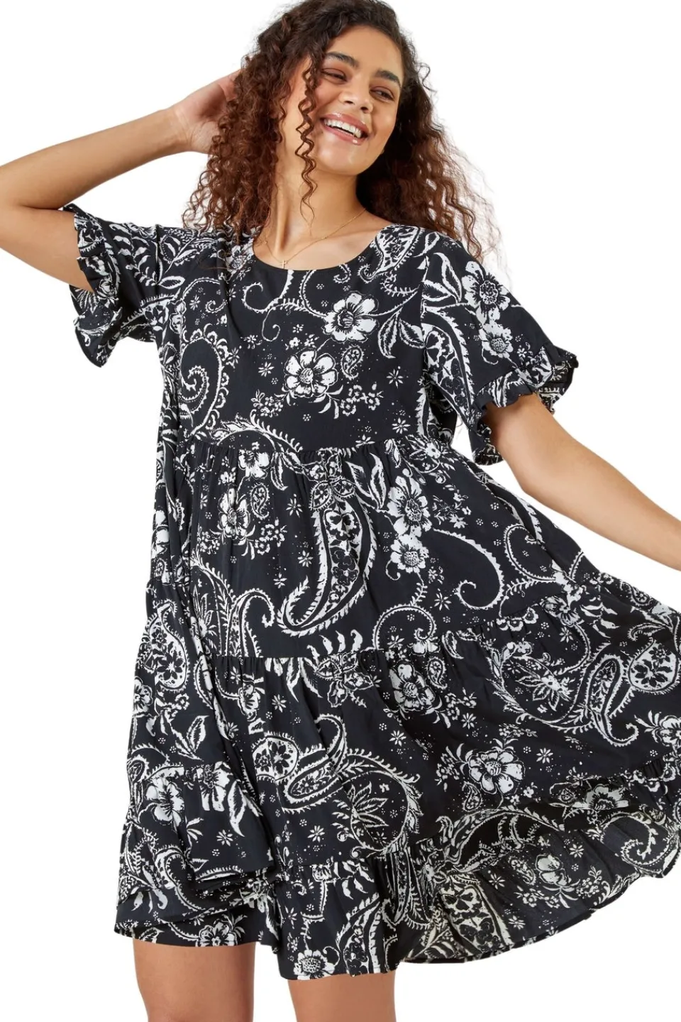 Dresses>Roman Black Paisley Floral Tiered Smock Dress