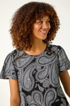 Tops>Roman Black Paisley Print Ladder Trim Top