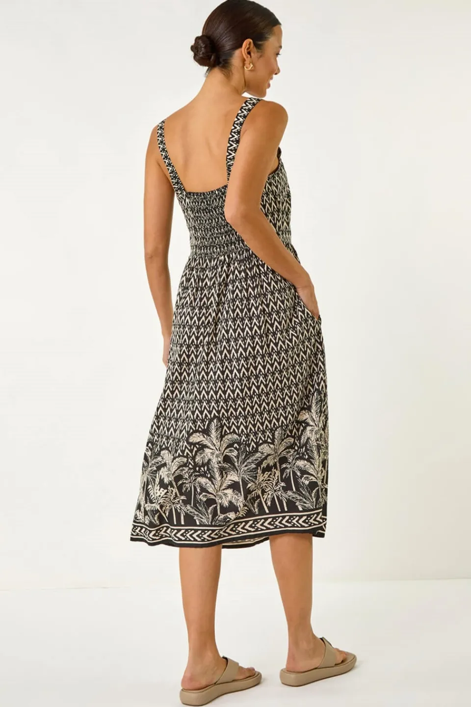 Dresses>Roman Black Palm Border Print Midi Sundress