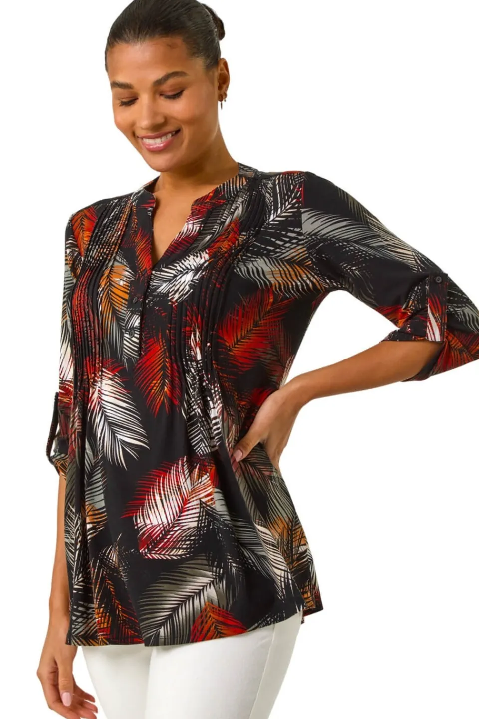 Tops>Roman Black Palm Print Pintuck Stretch Shirt