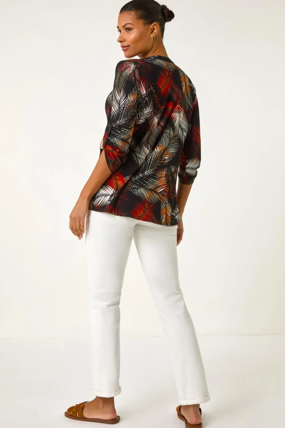Tops>Roman Black Palm Print Pintuck Stretch Shirt