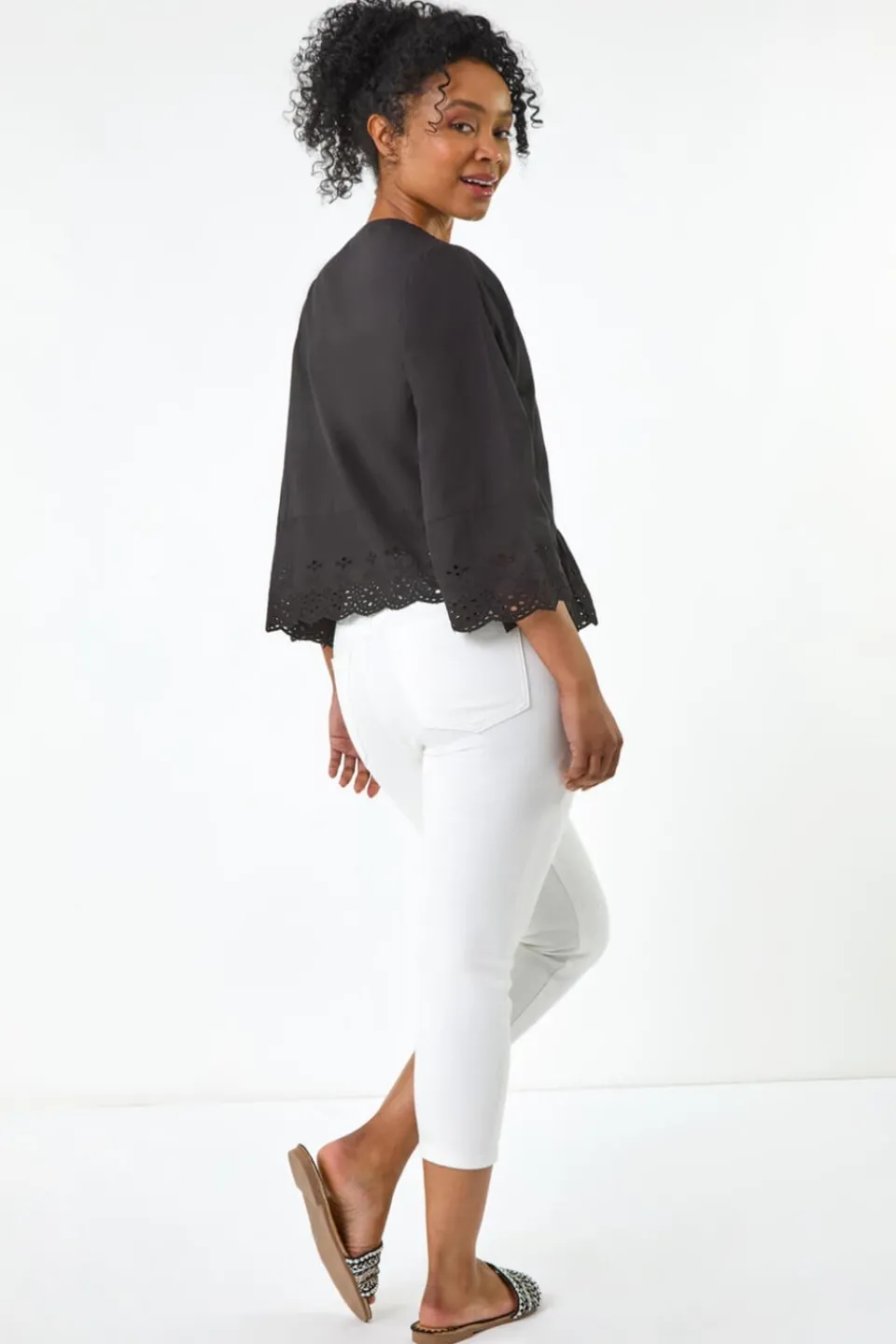 Tops>Roman Black Petite Broderie Scallop Blouse