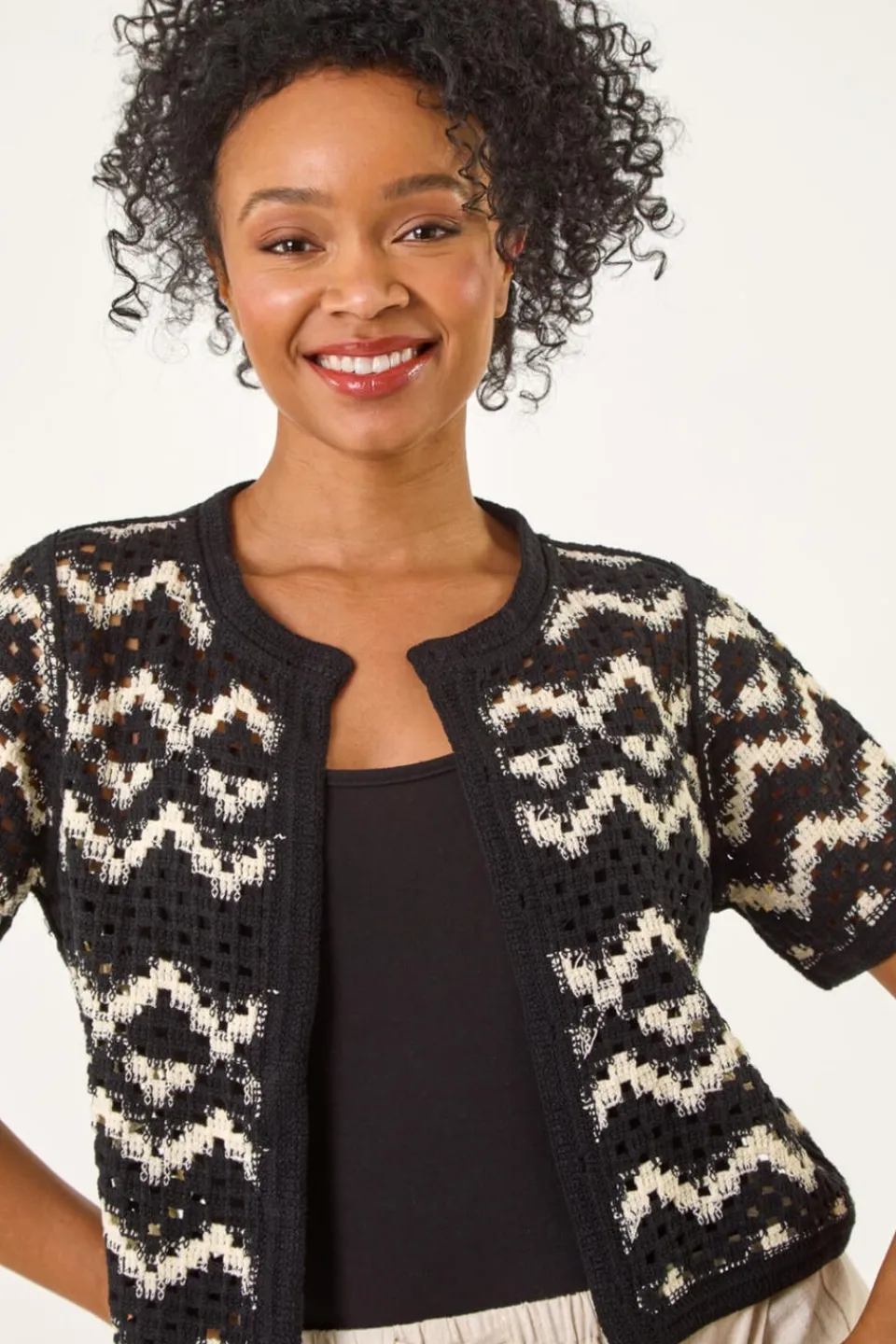 Knitwear>Roman Black Petite Chevron Open Crochet Cardigan