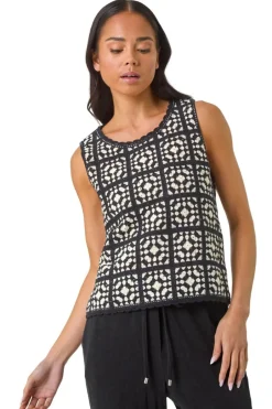 Tops>Roman Black Petite Crochet Patchwork Top