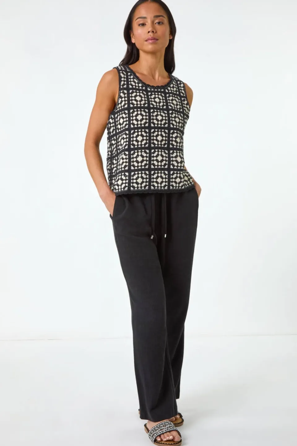 Tops>Roman Black Petite Crochet Patchwork Top
