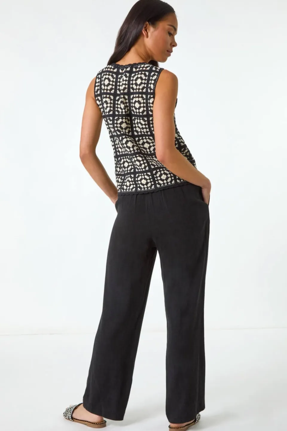 Tops>Roman Black Petite Crochet Patchwork Top
