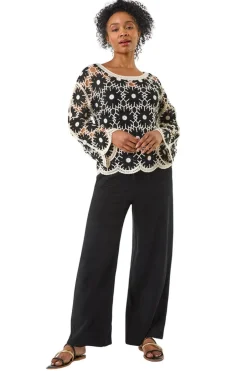 Tops>Roman Black Petite Crochet Floral Top