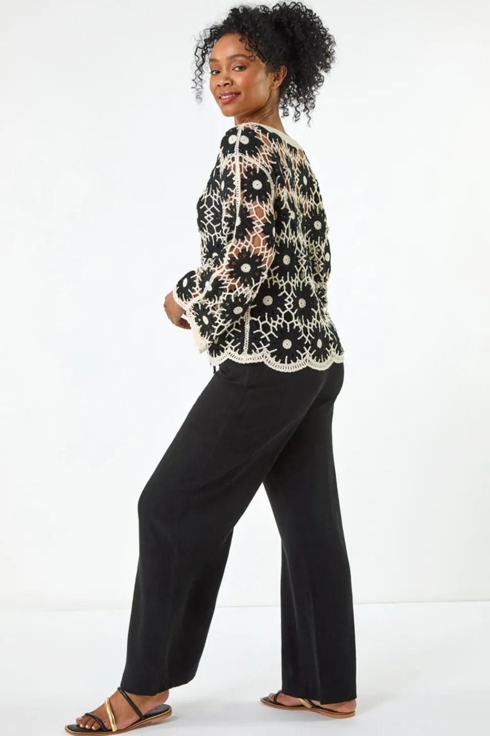 Tops>Roman Black Petite Crochet Floral Top