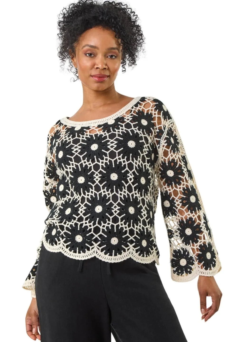 Tops>Roman Black Petite Crochet Floral Top