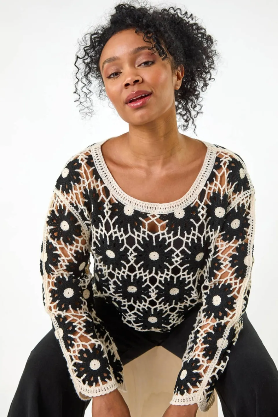Tops>Roman Black Petite Crochet Floral Top