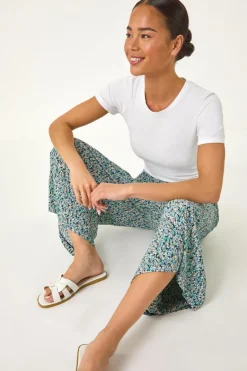 Trousers>Roman Black Petite Ditsy Crinkle Cropped Trouser