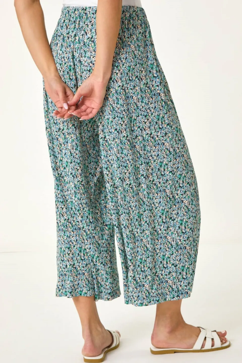 Trousers>Roman Black Petite Ditsy Crinkle Cropped Trouser