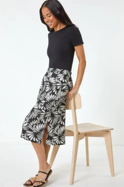 Skirts>Roman Black Petite Leaf Print Linen Midi Skirt