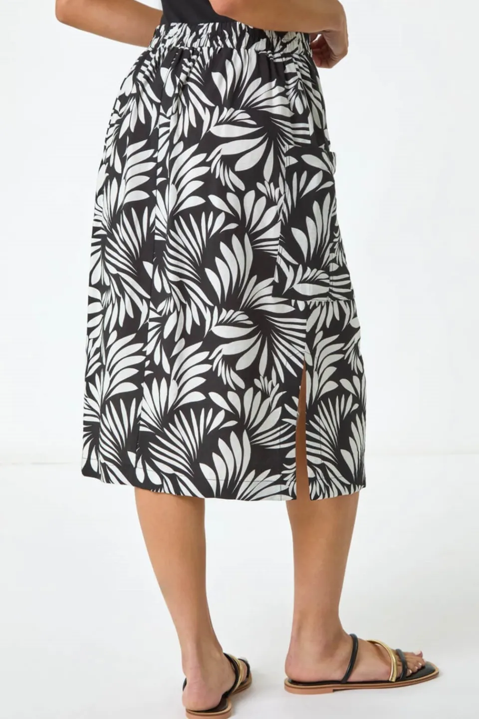 Skirts>Roman Black Petite Leaf Print Linen Midi Skirt
