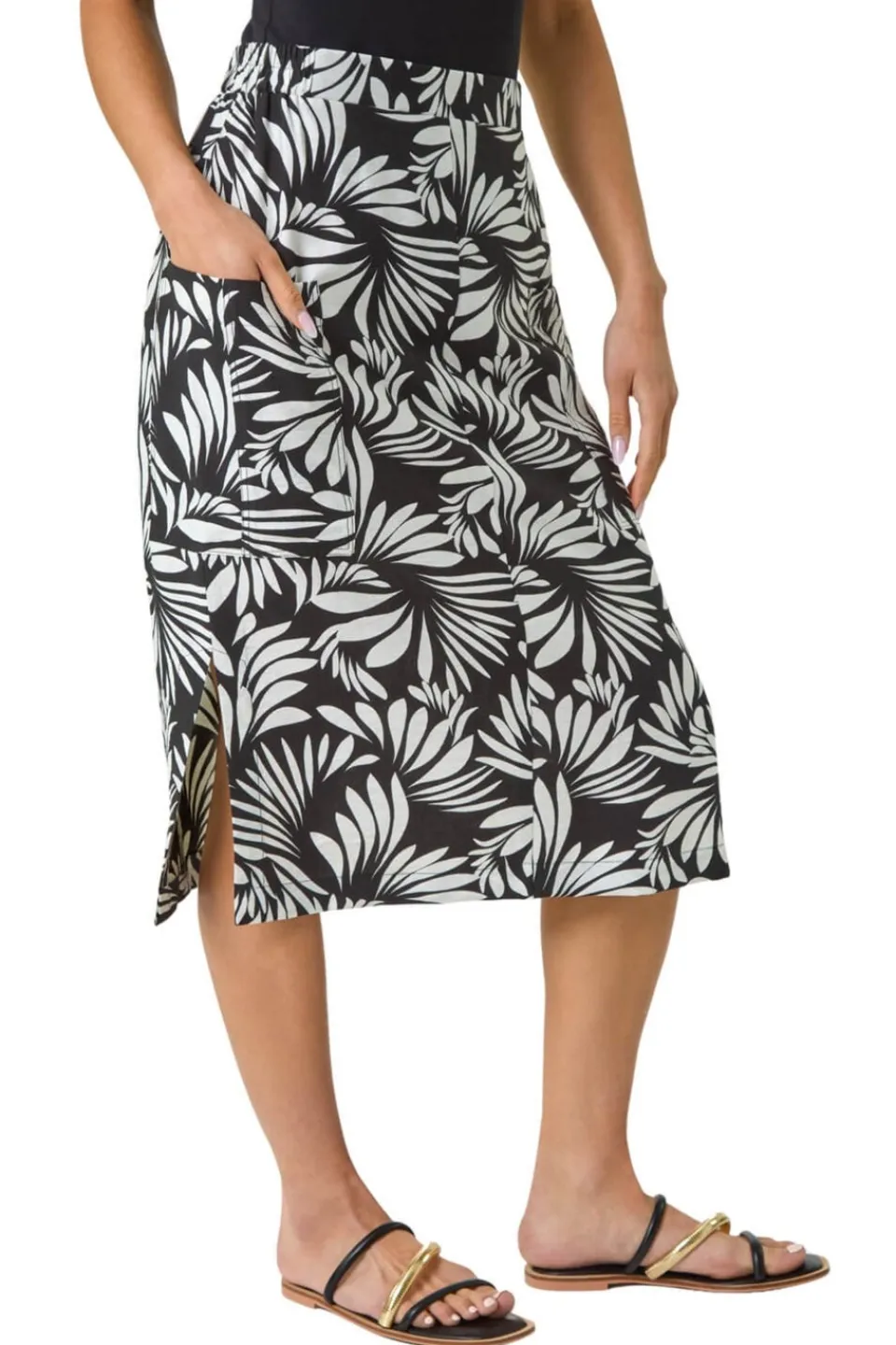 Skirts>Roman Black Petite Leaf Print Linen Midi Skirt