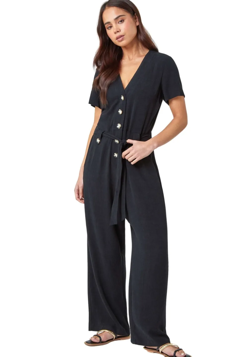 Jumpsuits & Playsuits>Roman Black Petite Linen Blend Jumpsuit