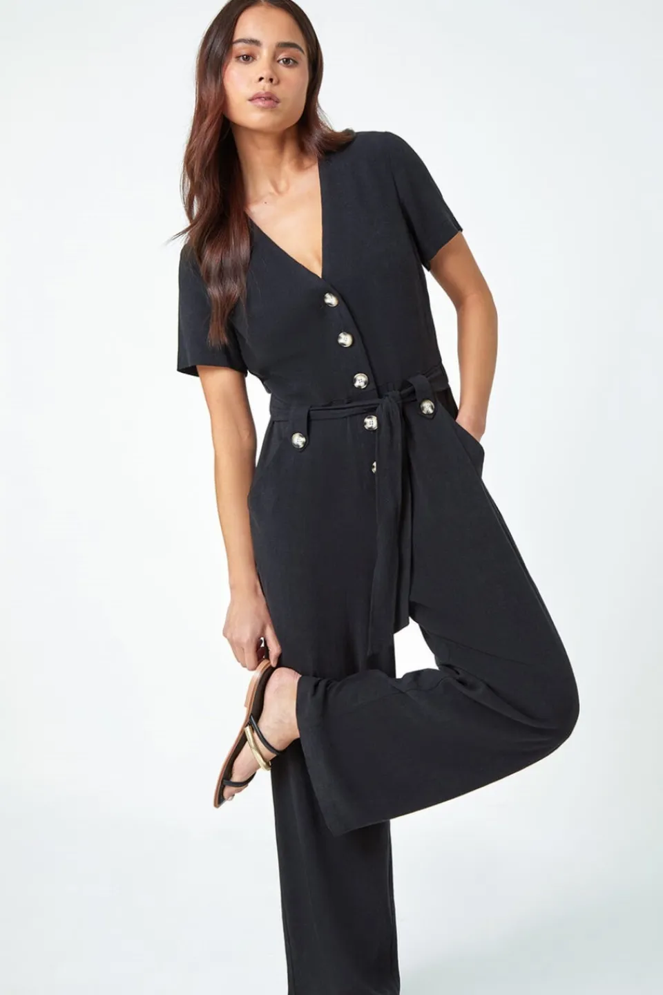 Jumpsuits & Playsuits>Roman Black Petite Linen Blend Jumpsuit