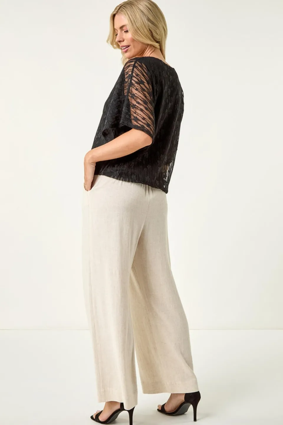 Tops>Roman Black Petite Mesh V-Neck Blouson Top