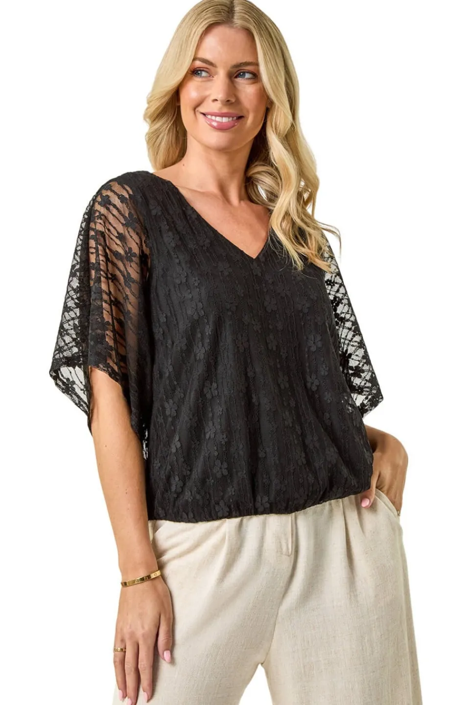 Tops>Roman Black Petite Mesh V-Neck Blouson Top