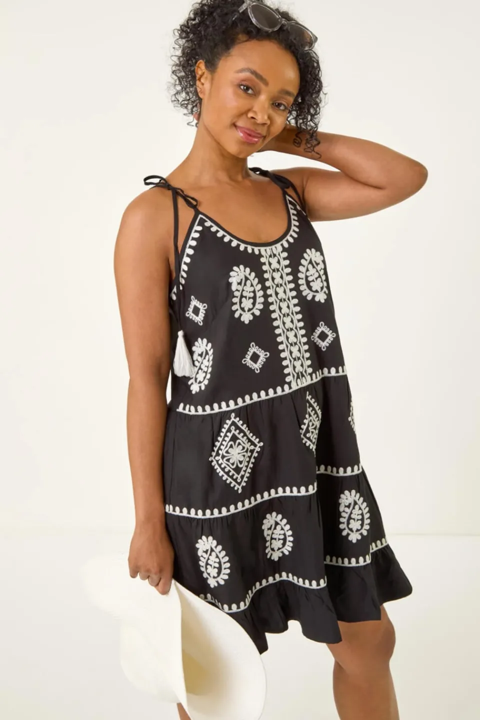 Dresses>Roman Black Petite Strappy Trim Detail Tiered Dress