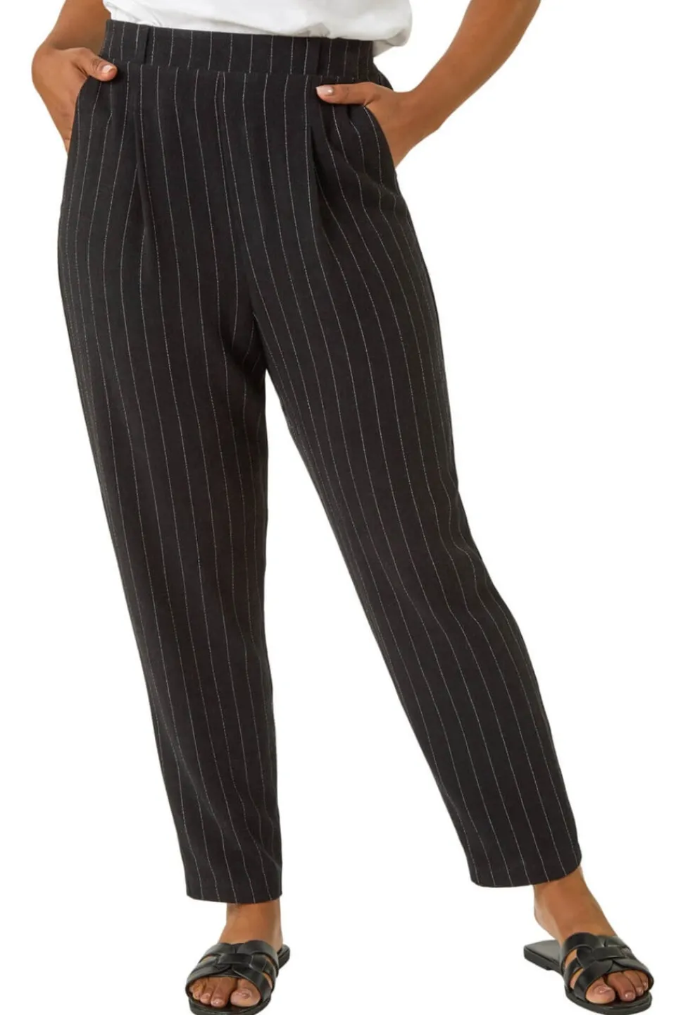 Trousers>Roman Black Petite Stripe Tapered Linen Mix Trouser