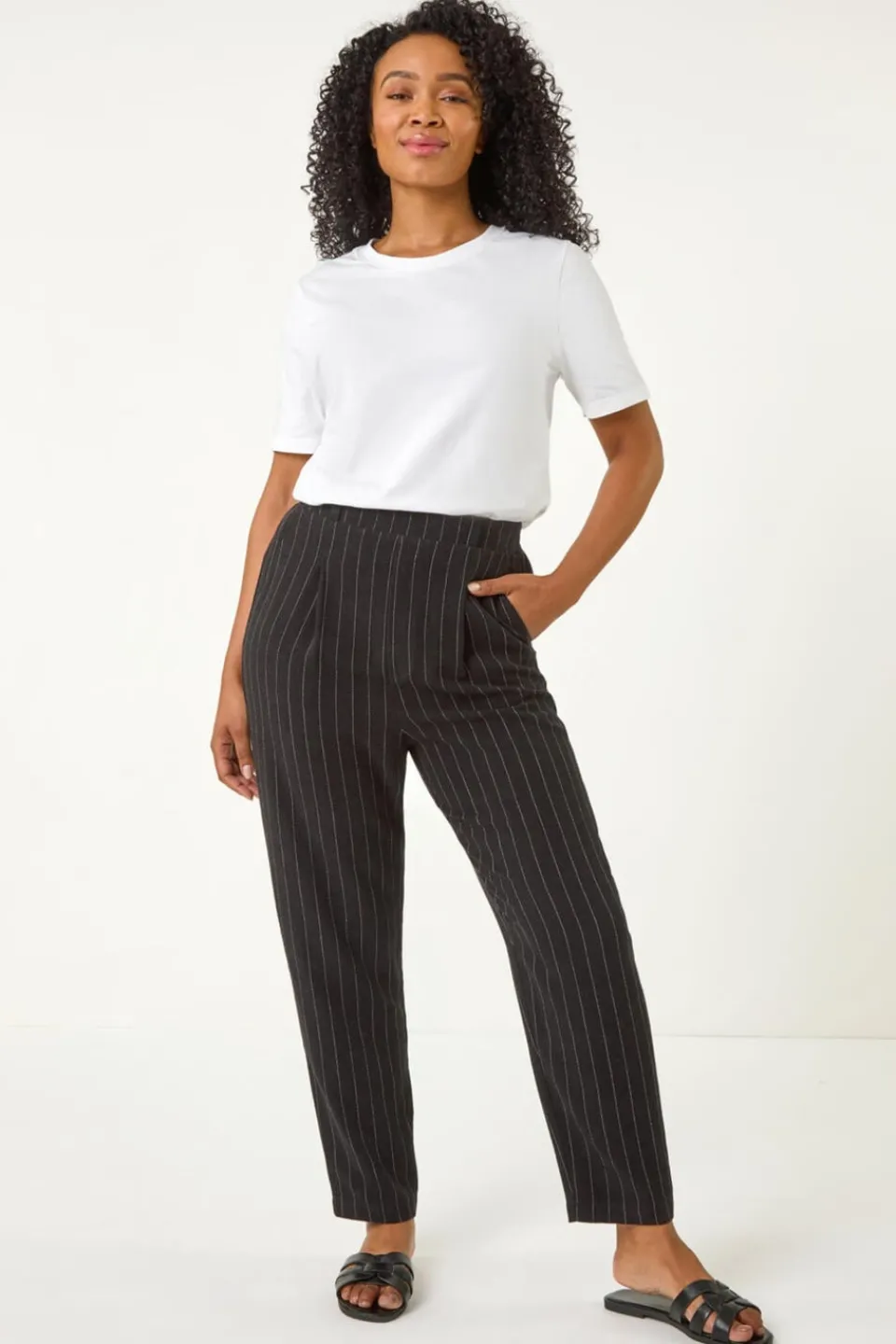 Trousers>Roman Black Petite Stripe Tapered Linen Mix Trouser