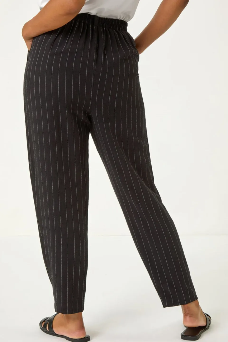Trousers>Roman Black Petite Stripe Tapered Linen Mix Trouser
