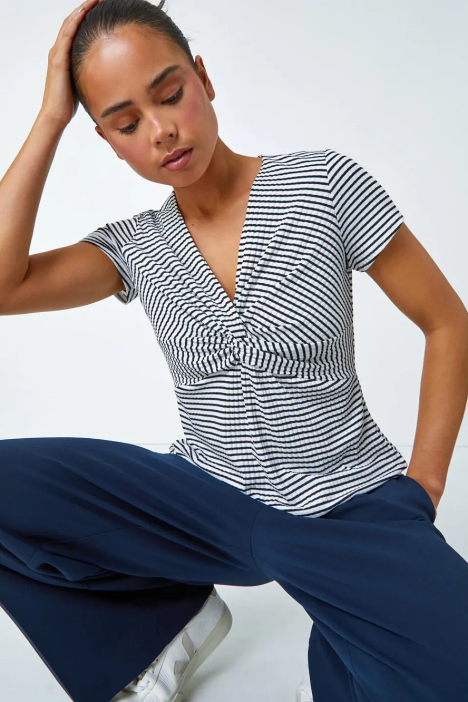Tops>Roman Black Petite Stripe Twist Soft V-Neck Stretch Top