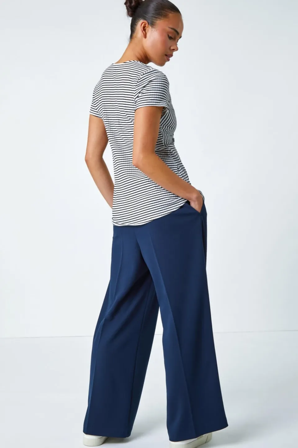 Tops>Roman Black Petite Stripe Twist Soft V-Neck Stretch Top