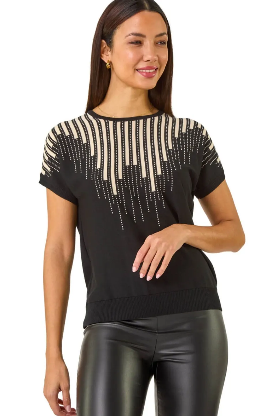 T-Shirts>Roman Black Piano Pattern Knit Top
