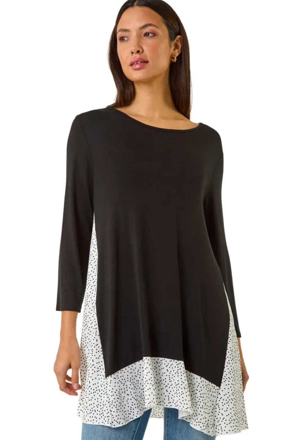 Tops>Roman Black Polka Dot Side Split Tunic Top