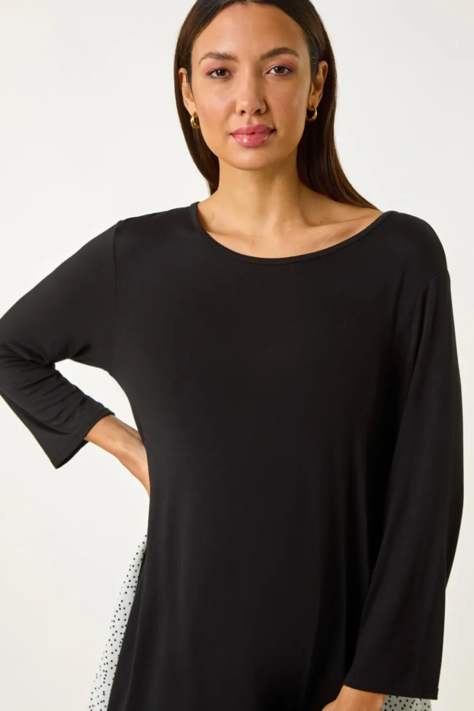 Tops>Roman Black Polka Dot Side Split Tunic Top