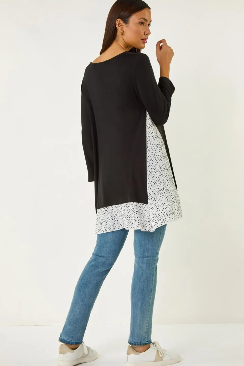 Tops>Roman Black Polka Dot Side Split Tunic Top