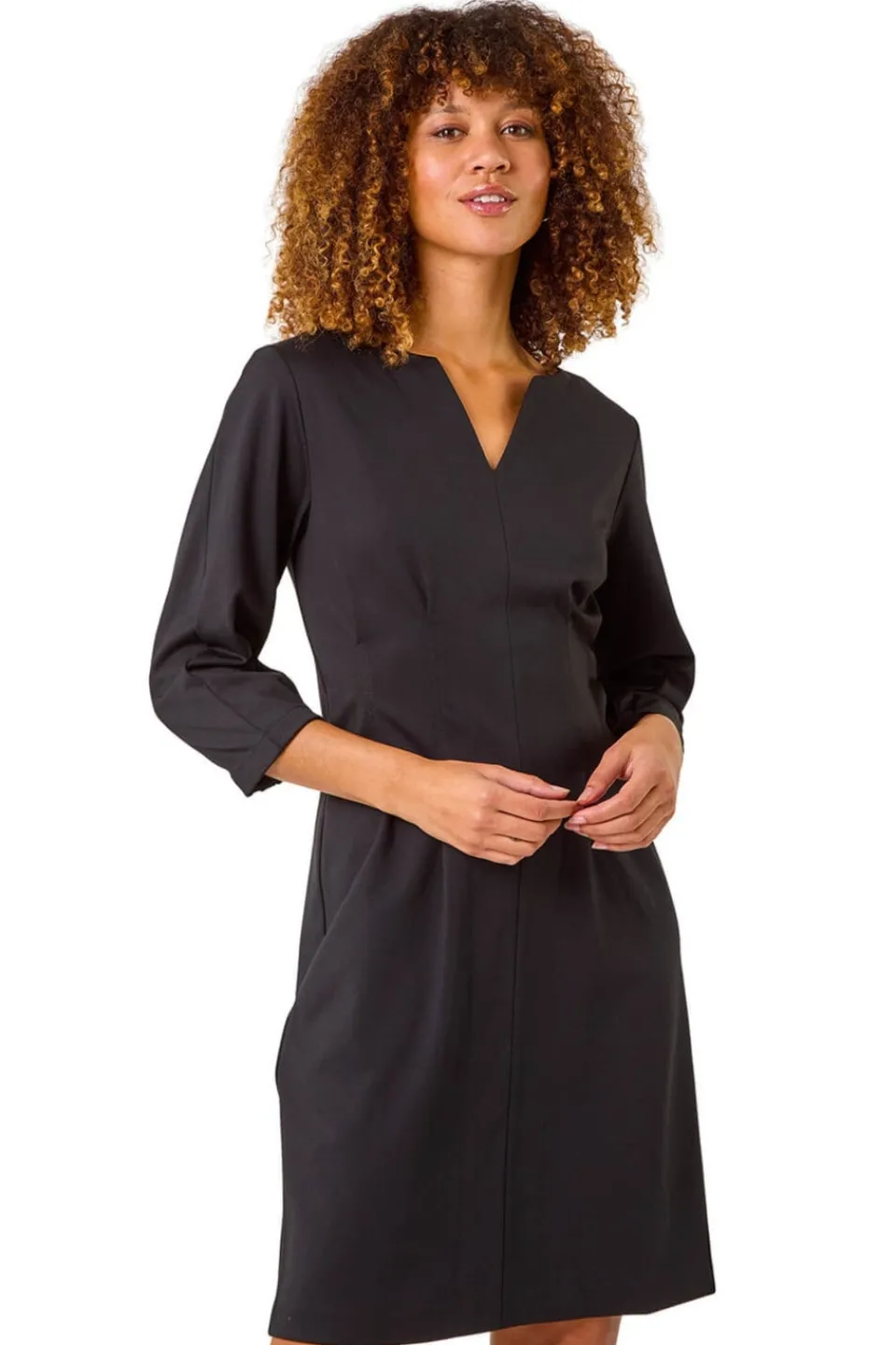 Dresses>Roman Black Ponte Notch Neck Midi Dress
