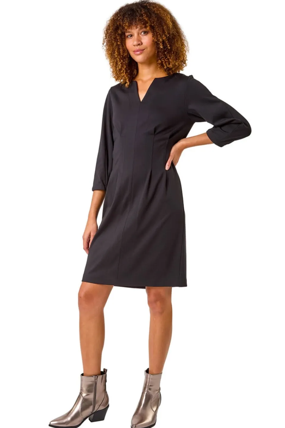 Dresses>Roman Black Ponte Notch Neck Midi Dress