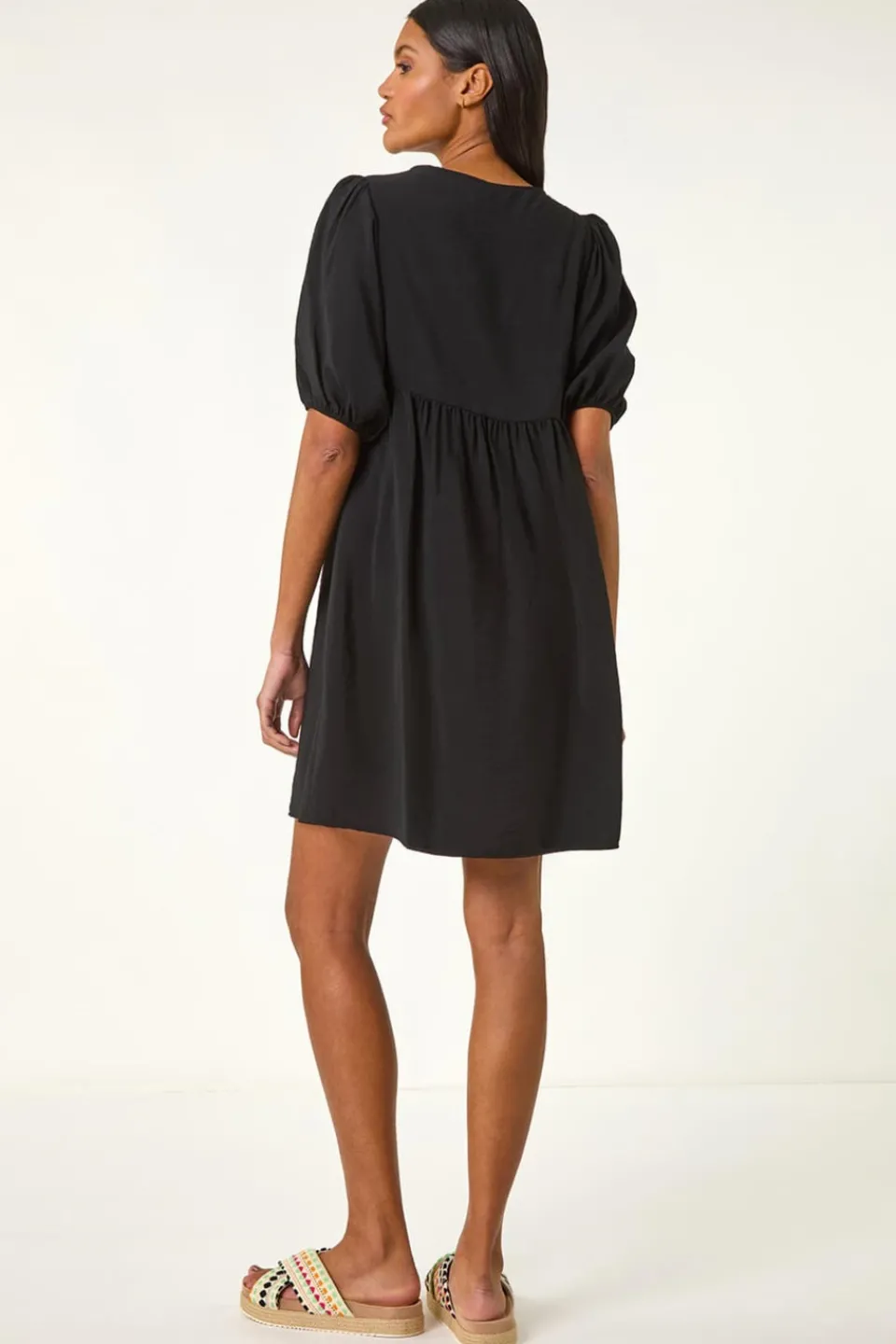 Dresses>Roman Black Ring Detail V Neck Gathered Dress