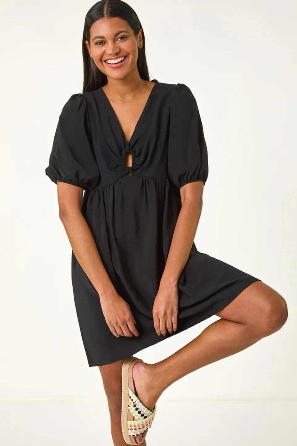 Dresses>Roman Black Ring Detail V Neck Gathered Dress