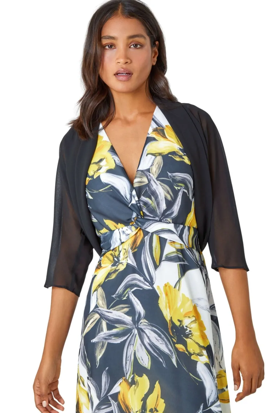 Coats & Jackets>Roman Black Ruched Hem Chiffon Bolero BlackStyle1