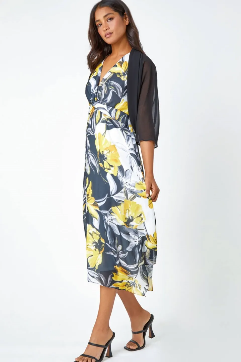 Coats & Jackets>Roman Black Ruched Hem Chiffon Bolero BlackStyle1