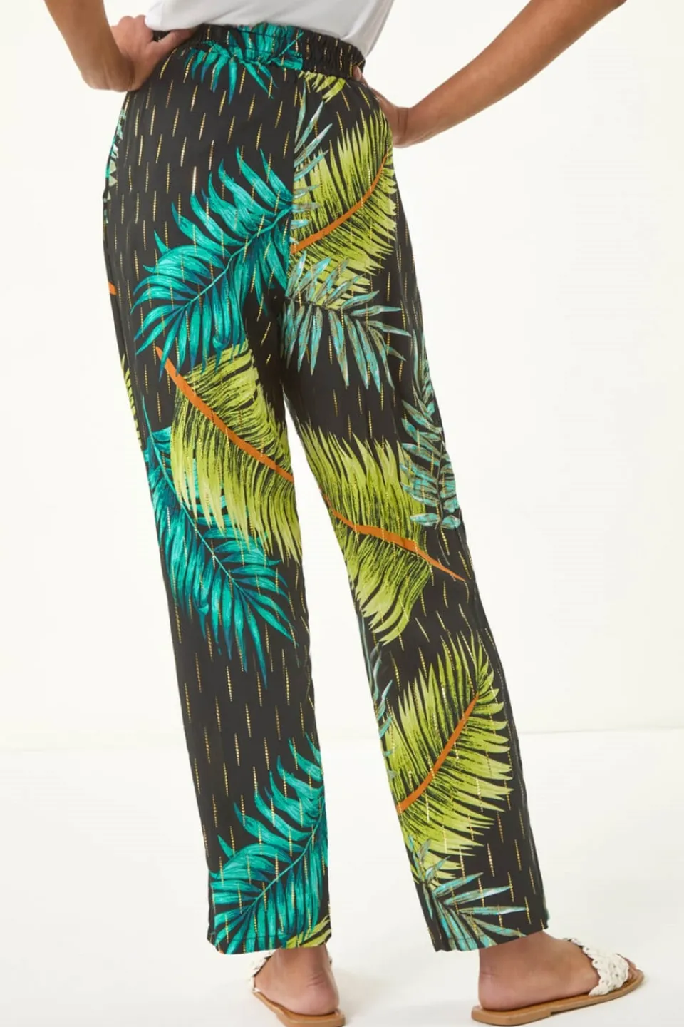 Trousers>Roman Black Shimmer Palm Print Harem Trouser