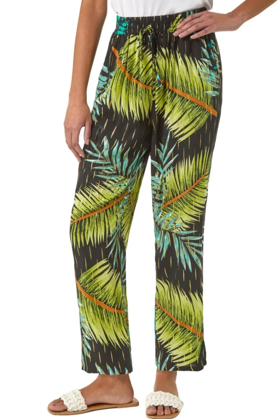 Trousers>Roman Black Shimmer Palm Print Harem Trouser