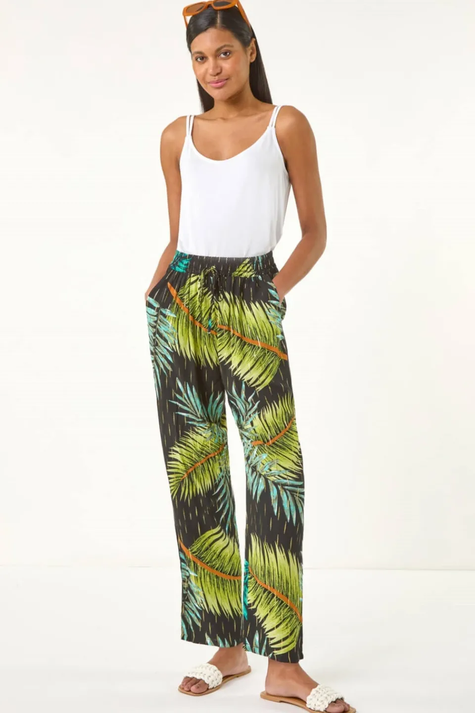 Trousers>Roman Black Shimmer Palm Print Harem Trouser