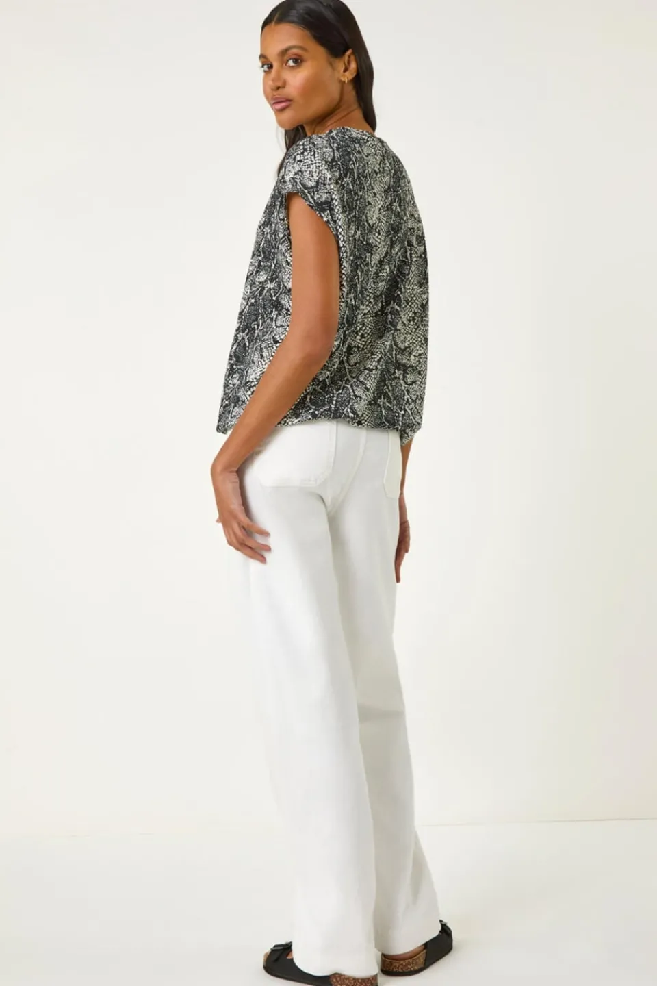 Tops>Roman Black Snake Print Bubble Hem Top