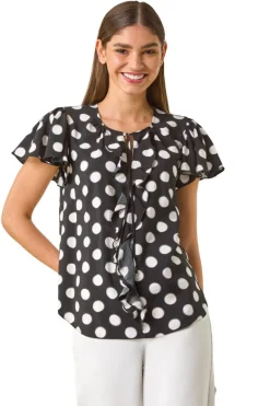 Tops>Roman Black Spot Print Ruffle Tie Front Top
