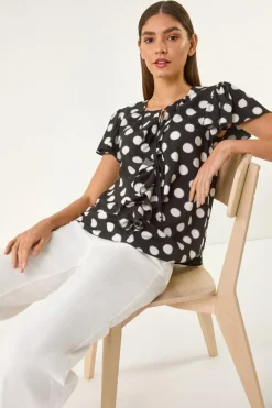 Tops>Roman Black Spot Print Ruffle Tie Front Top