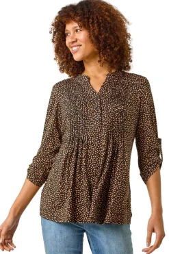 Tops>Roman Black Spot Print V-Neck Stretch Shirt