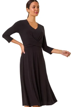 Dresses>Roman Black Stretch Crossover Midi Dress