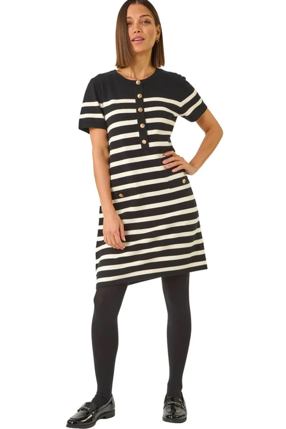 Knitwear>Roman Stripe Button A-Line Knit Dress Black